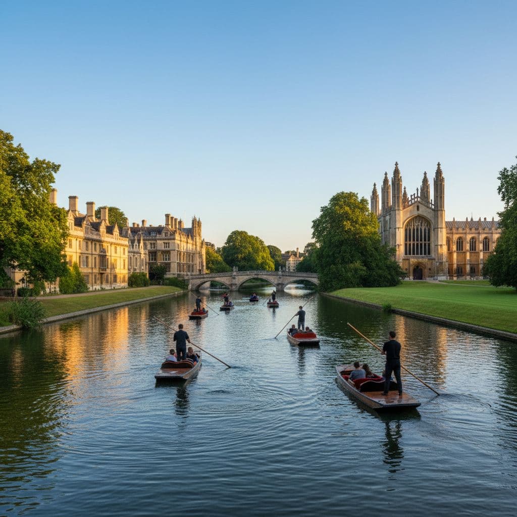 Traditional wooden punts glide along the River Cam past historic university college buildings and lush green lawns.