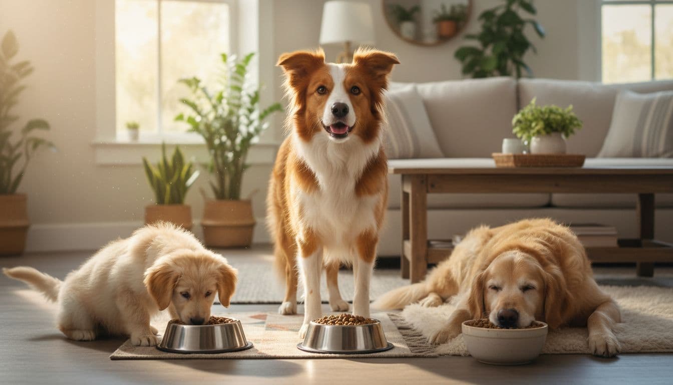 In a bright cozy living room, a small fluffy puppy eagerly eats kibble from a low bowl, an energetic adult dog has a bowl nearby, and a calm senior dog with grey muzzle rests beside its bowl, all under warm natural lighting in photorealistic style.