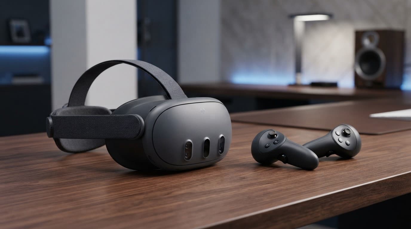 VR headset and two controllers on a dark wood desk with blue lighting.