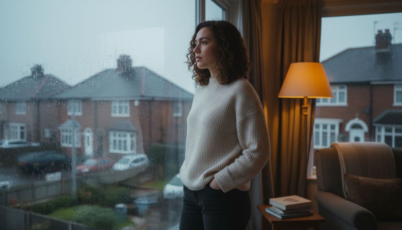 Grey cloudy UK winter sky with rain over suburban houses, contrasted by a person standing relaxed by the window in a warm lamp-lit living room looking outside.