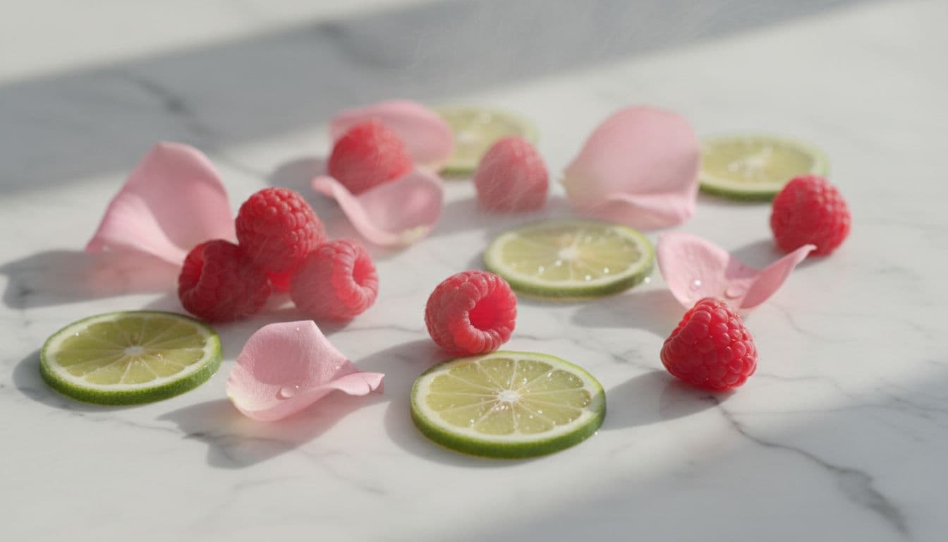 Elegant close-up of fresh raspberries, soft pink rose petals, and bergamot slices on light marble with subtle mist, evoking Coach Parfum's scent in natural daylight.