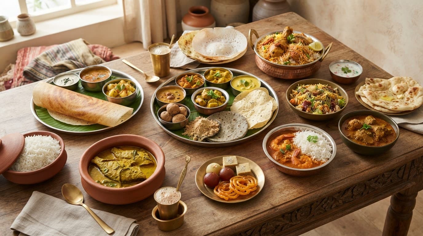 A table filled with Indian regional dishes, curry, dosa, biryani, chai, seafood, and sweets.