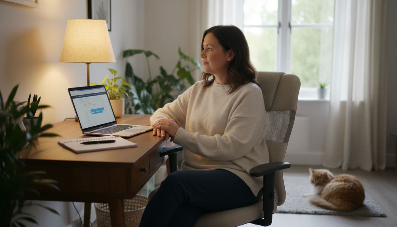 A relaxed adult woman sits at a comfortable home office desk with an open laptop angled away, notepad and pen nearby, under warm lamp light and window daylight, capturing a calm online browsing atmosphere for mattress shopping.
