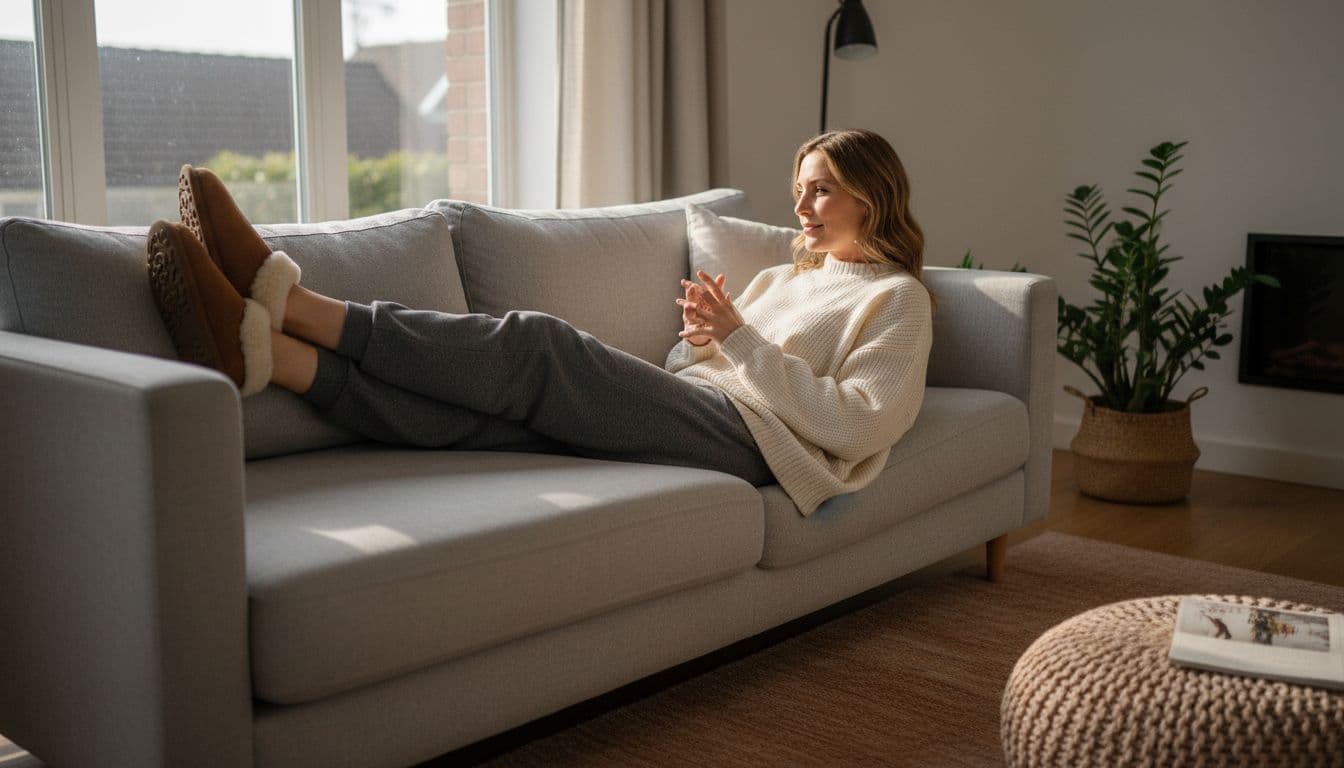 A relaxed woman in her 30s lounges on a grey sofa in a modern UK living room, dressed in soft joggers and an oversized knit jumper, with classic UGG slippers featuring visible sheepskin lining on her feet propped on a footstool. Cosy afternoon light from the window creates warm tones in this realistic photo.