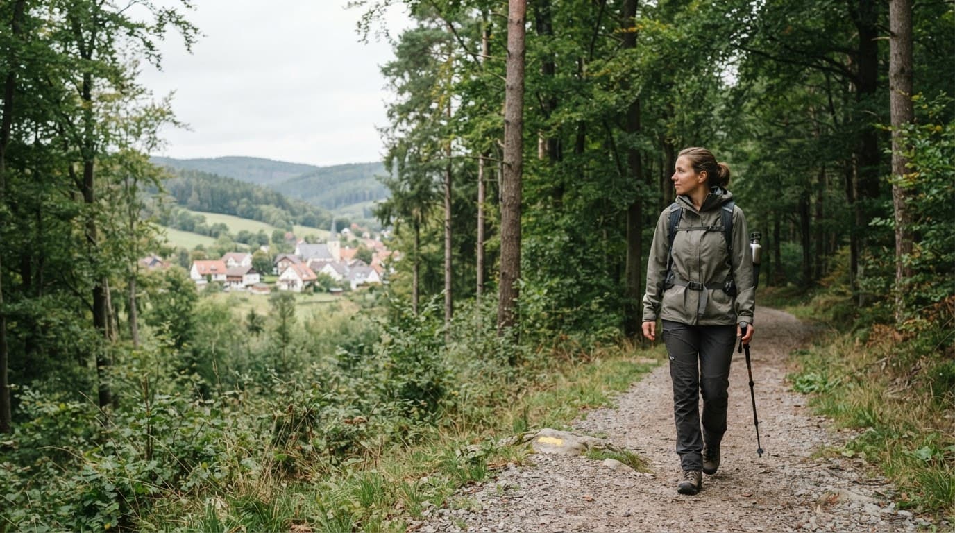 A solo traveller walks a marked woodland path with a village in the distance.
