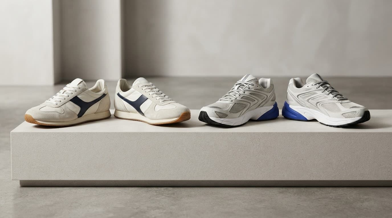 Four trainers in retro and modern pairs sit on a pale studio plinth.