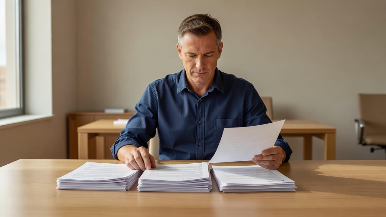 Car Warranty Cover: What UK Drivers Need to Check 2 A person sits at a desk in a bright office focusing on a stack of important documents.