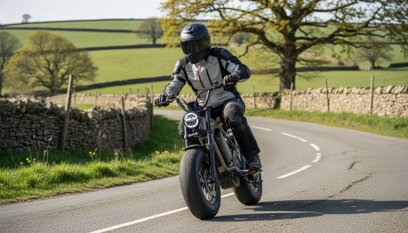 A single rider in full helmet and protective gear rides a high-powered electric bike resembling a moped with small wheels on a UK country road in daytime natural light.