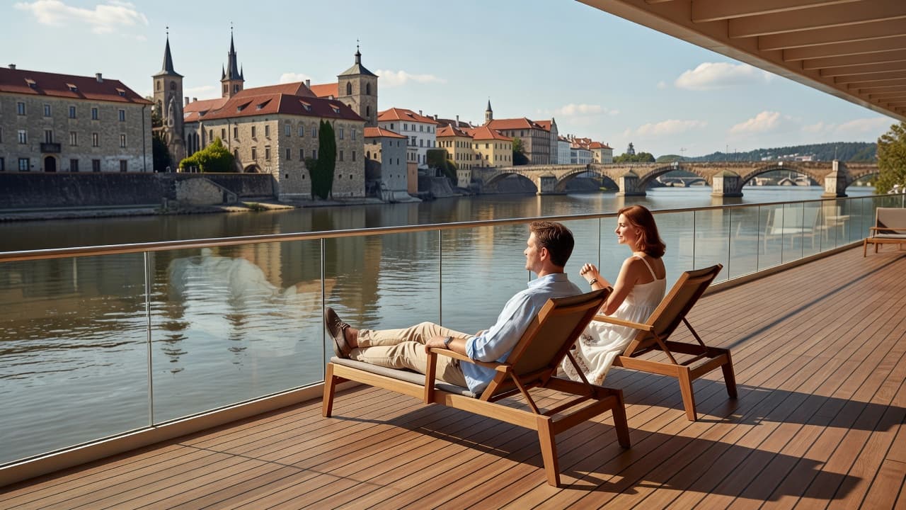 A couple relaxing on a cruise ship deck viewing a historic European city.