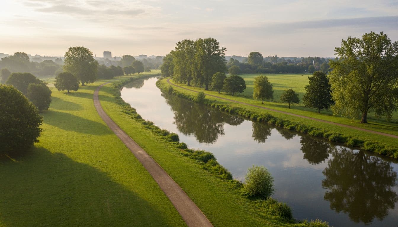 River Nene flows through green parkland in Peterborough, trees line banks, walking path alongside.