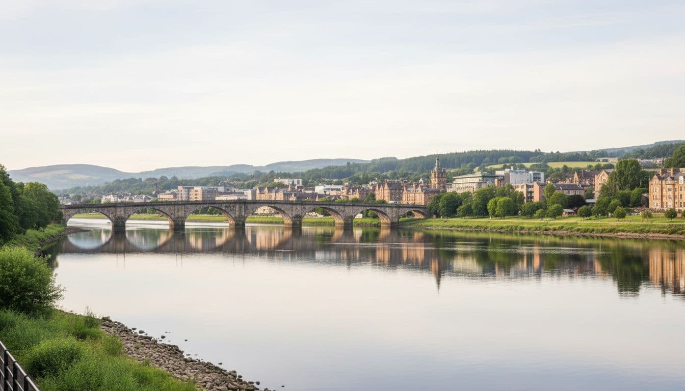 Scenic landscape view of the River Tay in Perth, Scotland, with a historic stone bridge spanning the calm waters, surrounded by city buildings and lush green parks under soft natural daylight.