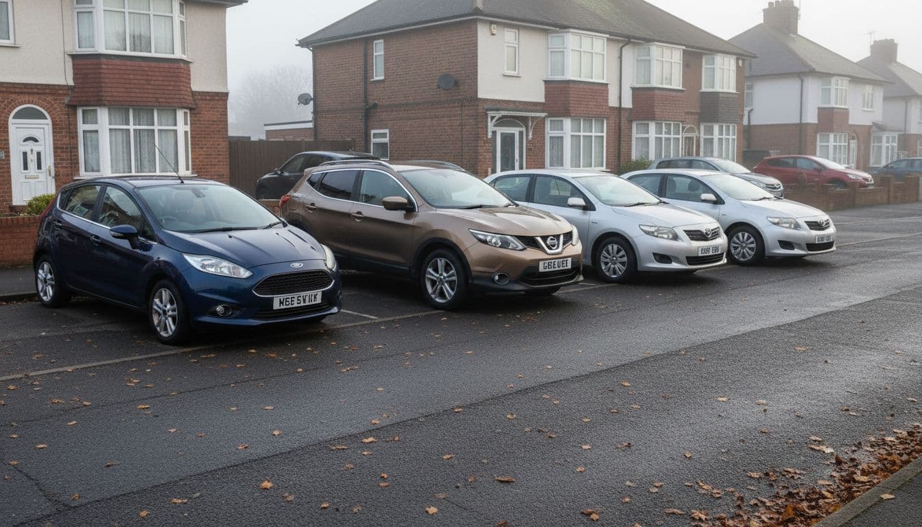 Row of mainstream used cars on a UK suburban street in winter