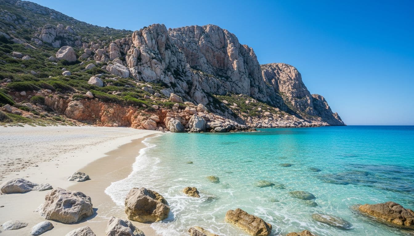 Rugged Sardinian coastline with pristine white sand beach, turquoise sea lapping the shore, and dramatic cliffs under sunny Mediterranean skies. Photorealistic wide landscape from low angle, highlighting iconic clear waters and natural beauty.