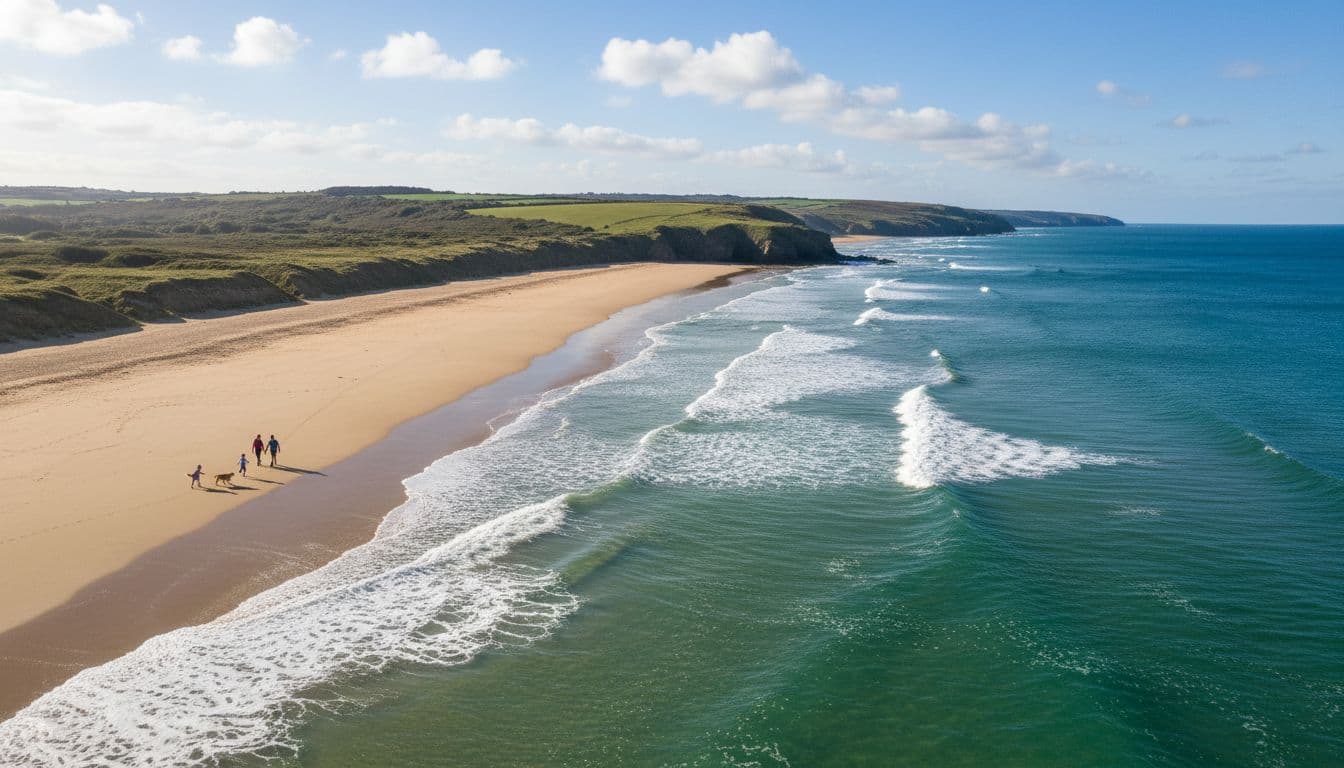 Aerial view of rugged UK coastline with golden sandy beaches, turquoise waves crashing, green cliffs, one family walking with dogs on a bright sunny day.