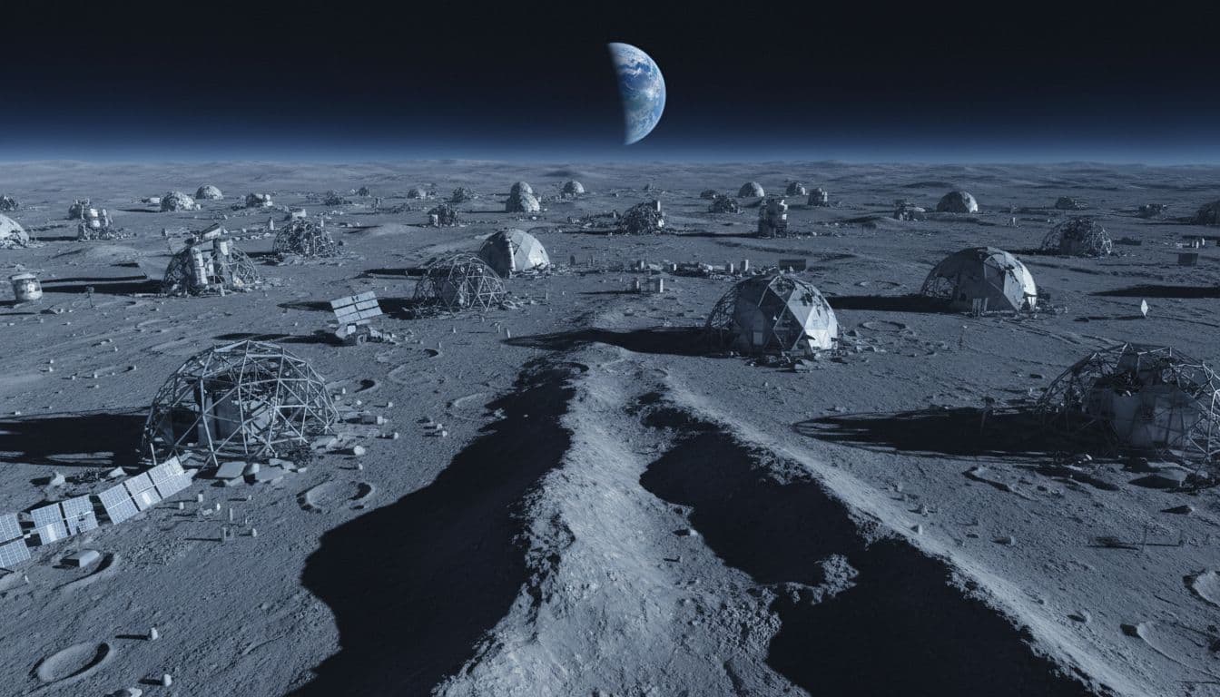 Empty ruined lunar research station on cratered moon surface with Earth in sky and long shadows.