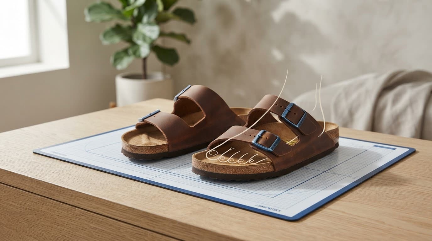 Sandals sit on a blue mat beside an outline showing proper foot placement.