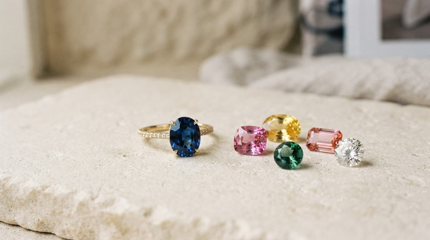 A blue corundum ring beside loose pink, yellow, green, and white corundum gems.