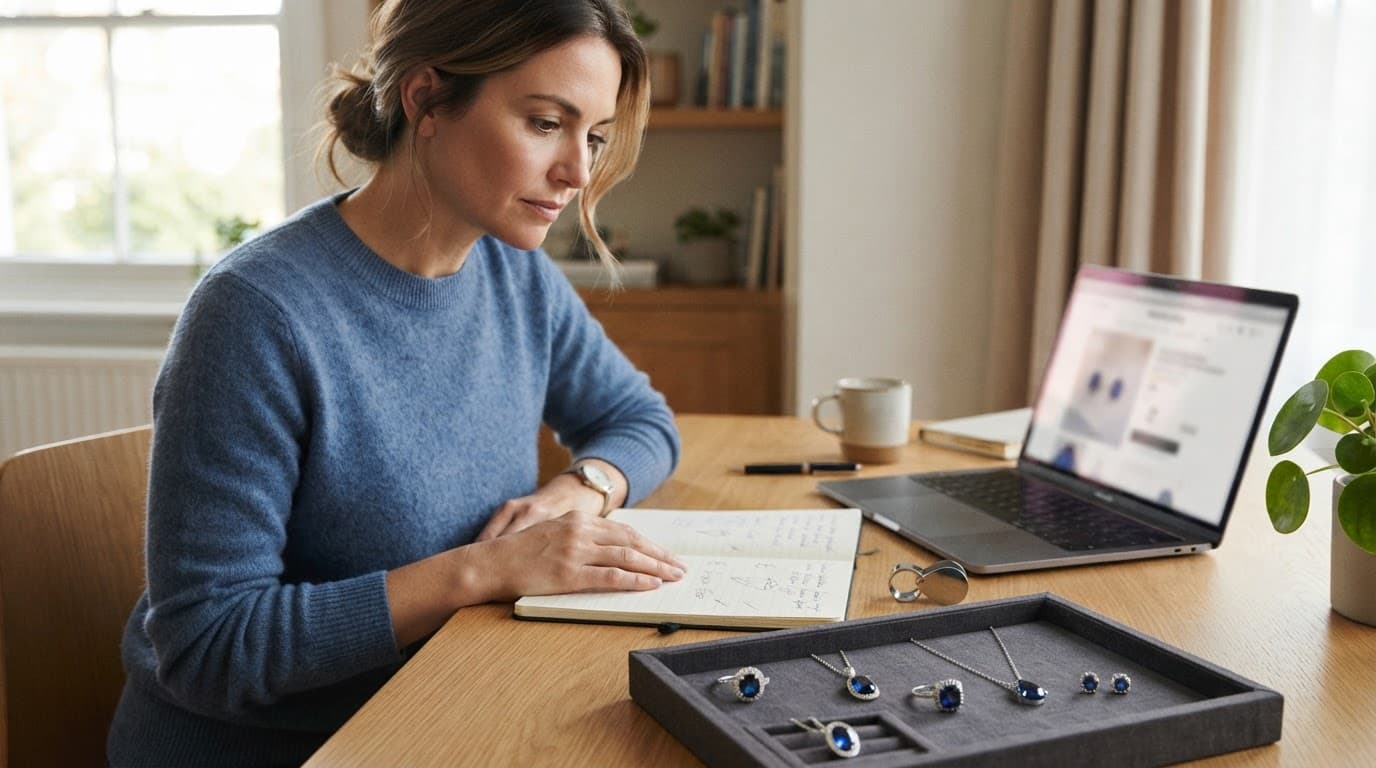 A shopper compares jewellery beside notes, a loupe, and an angled laptop.