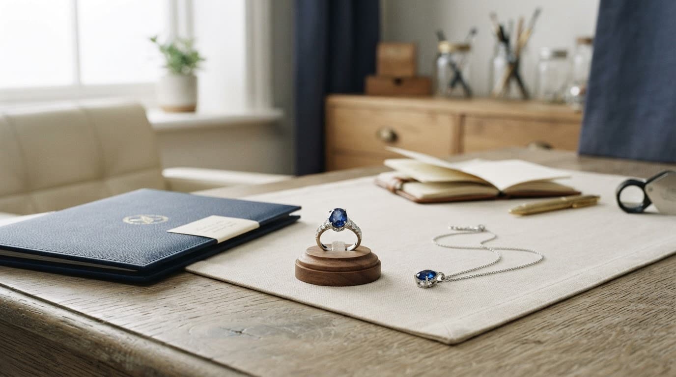 A blue ring and pendant beside a gemmological report folder on a jeweller's desk.