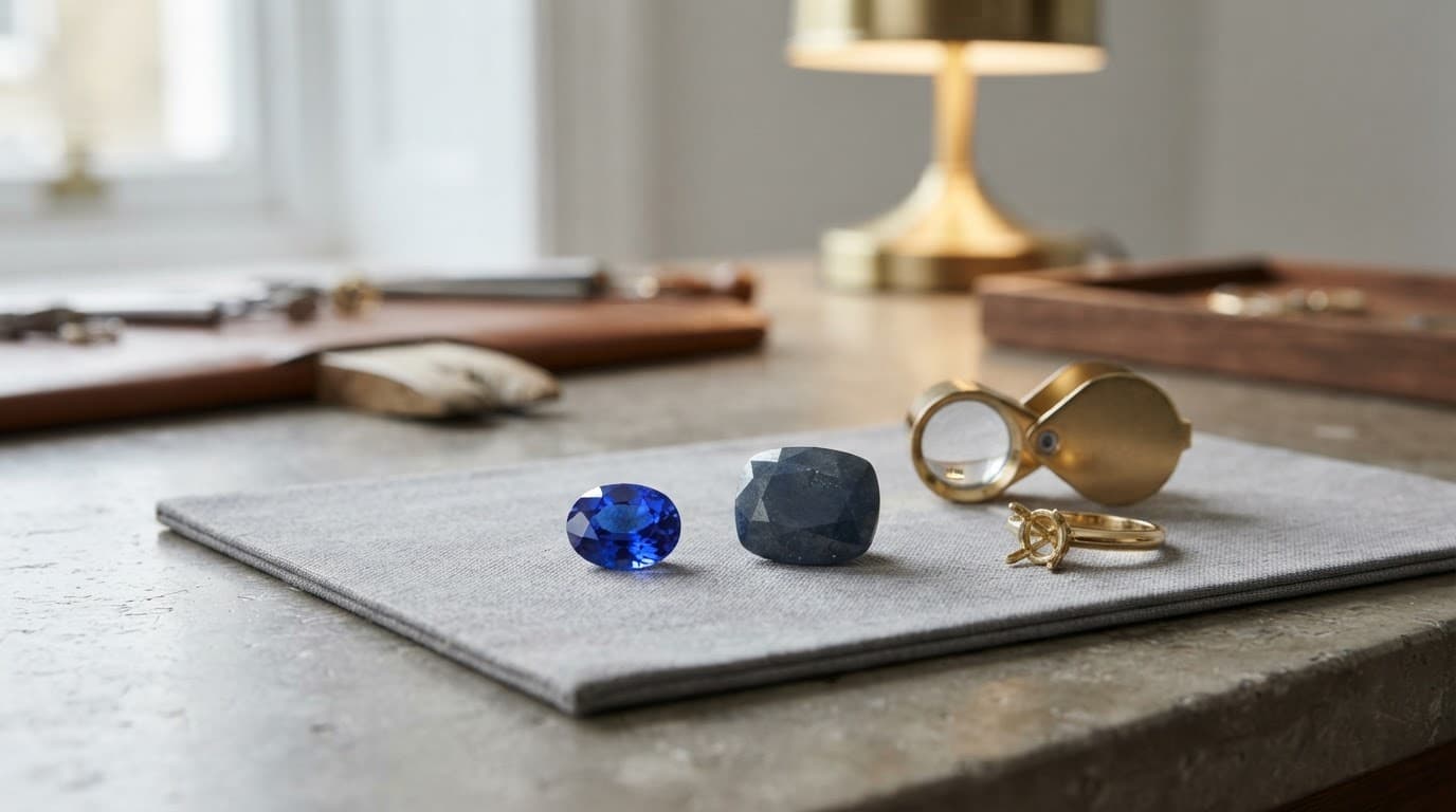 Two blue sapphires beside a loupe and ring setting on a jeweller's desk.