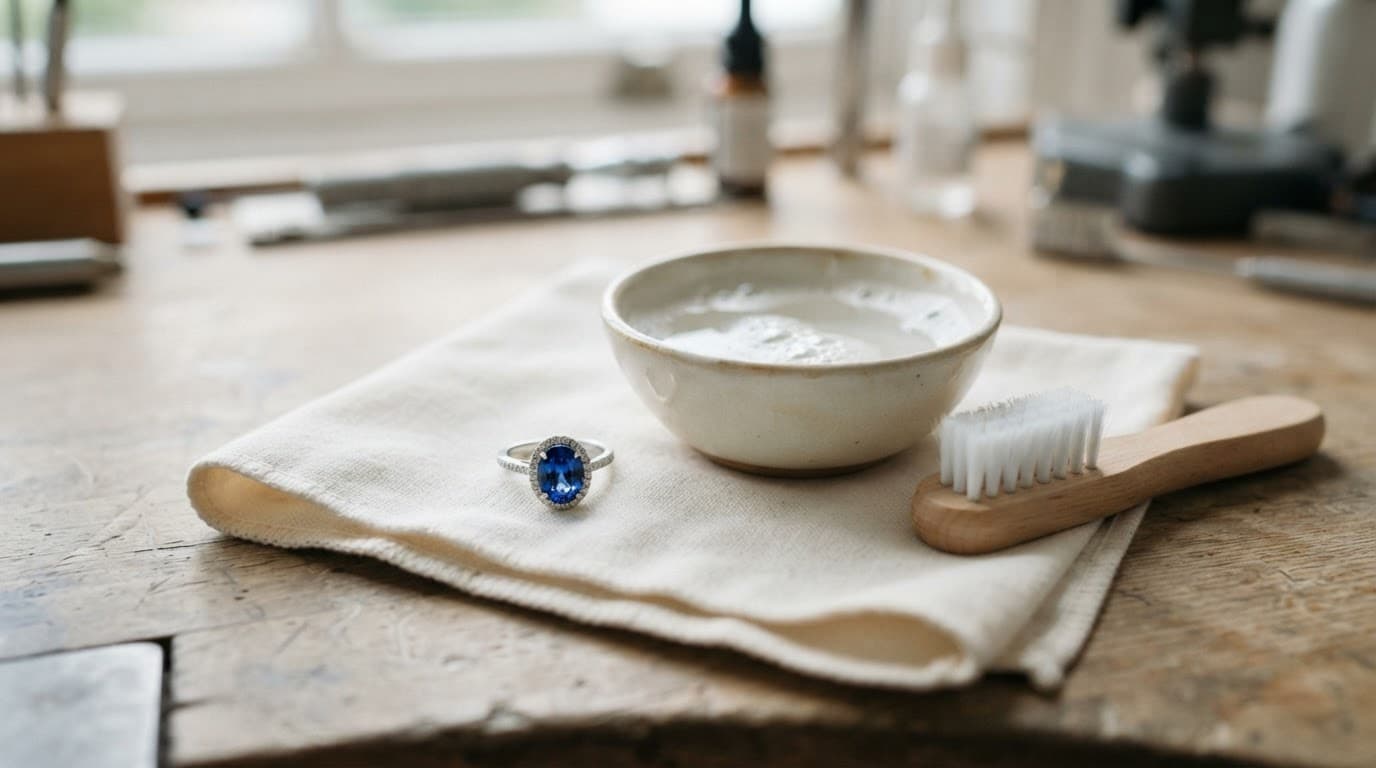 Blue ring beside soapy water, a soft cloth, and a jewellery brush.