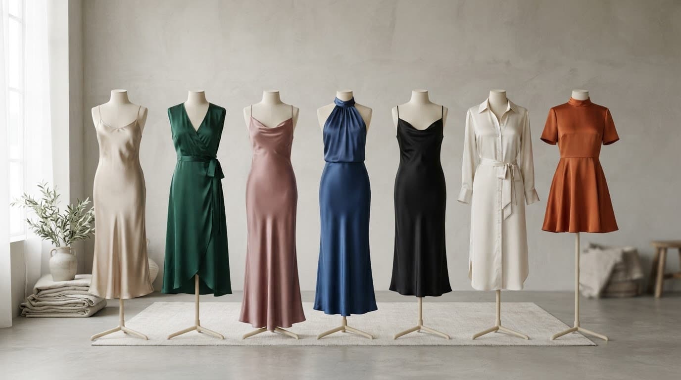 Seven satin dresses displayed side by side in a neutral studio.