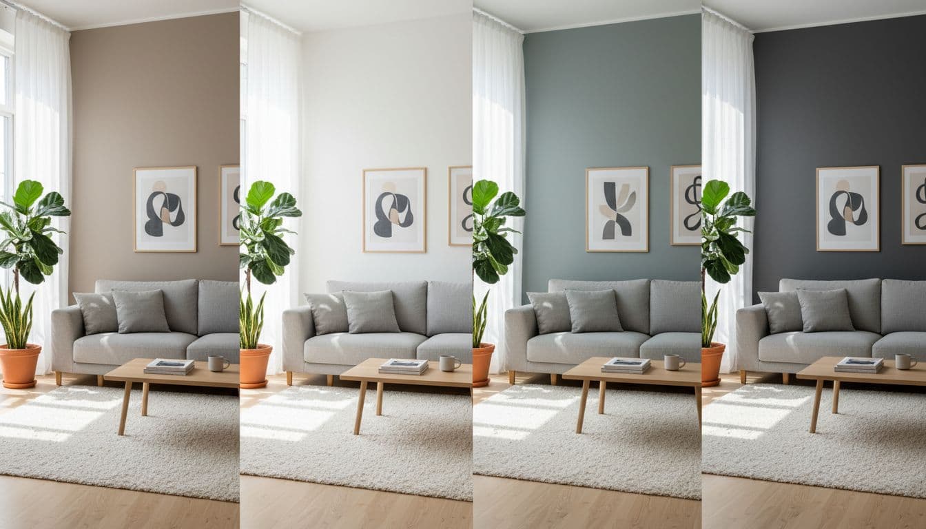 Scandinavian living room with four different wall colours warm greige, soft white, muted blue-green, and deep charcoal