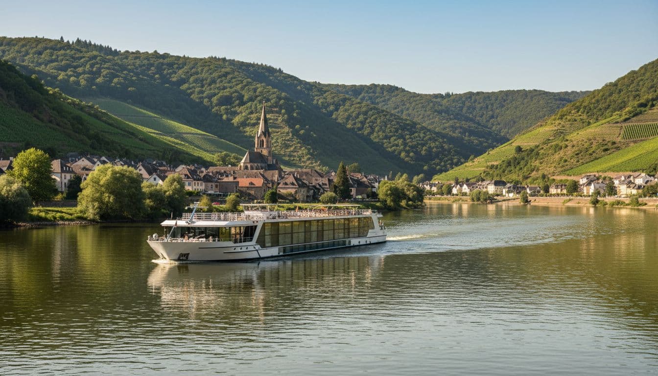 A modern river cruise vessel glides through a wide, tranquil waterway flanked by terraced vineyards. In the distance, a charming medieval village features a tall stone church steeple beneath bright sunlight.