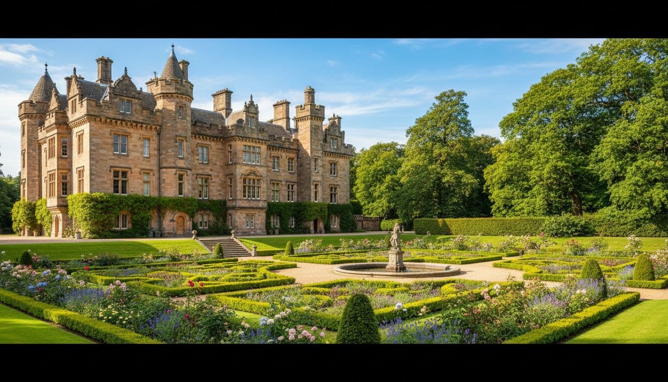 Historic stone building with towers at Scone Palace near Perth, Scotland, featuring manicured gardens, ancient trees, and sunny daylight in wide-angle realistic style.