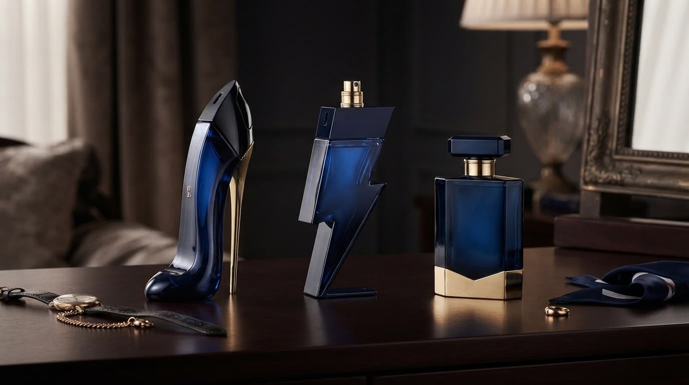 Carolina Herrera Fragrance Review: Best Scents, Value and Buying Tips 1 Three sculptural perfume bottles displayed on a dark dressing table with blue and ivory lighting.