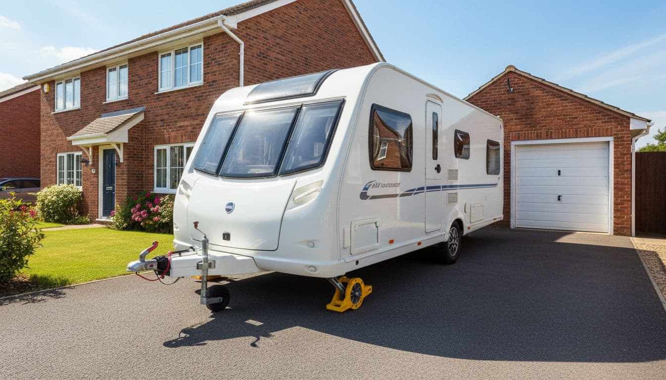 A touring caravan is securely parked on a UK suburban driveway equipped with a wheel clamp and hitch lock for protection, with the house and garage visible in the background under clear daytime lighting.