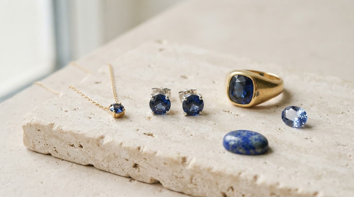 Three gift options displayed with lapis lazuli and a loose lab-grown stone.