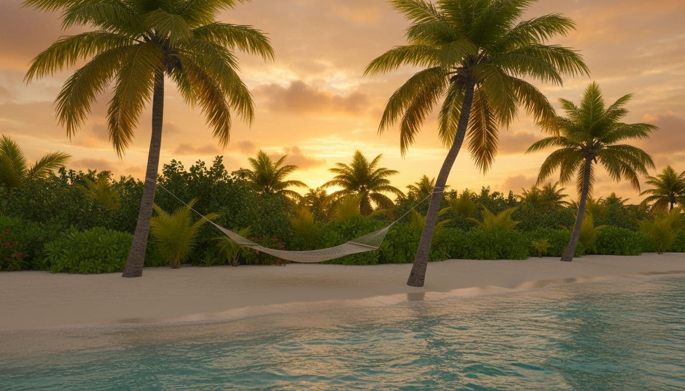 Serene Caribbean beach with tall palm trees and a hammock between them, calm turquoise waters lapping white sand shore, golden sunset sky with orange hues, lush green foliage in background, tropical realistic photography style.