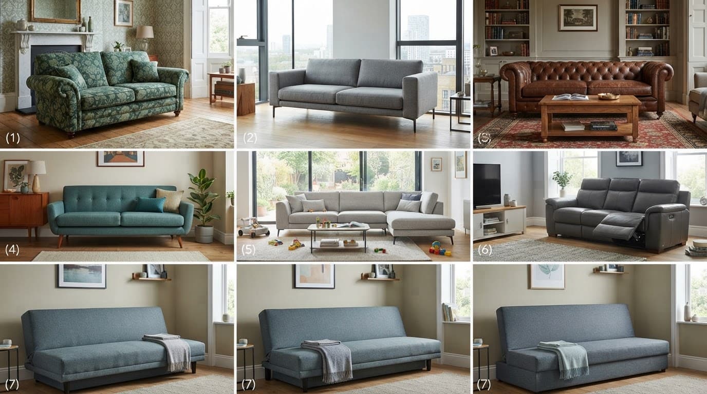 Seven different three-seater sofas shown in varied UK home interiors.