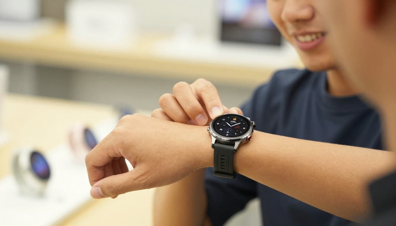 Shopper trying a Huawei smartwatch for fit