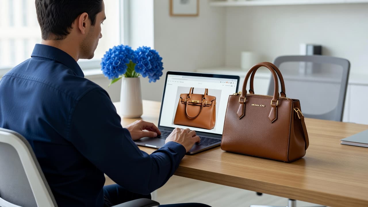 A person sits at a sunlit wooden desk observing the fine details of a luxury leather handbag on a laptop screen. A vibrant blue vase sits nearby as a decorative accent.