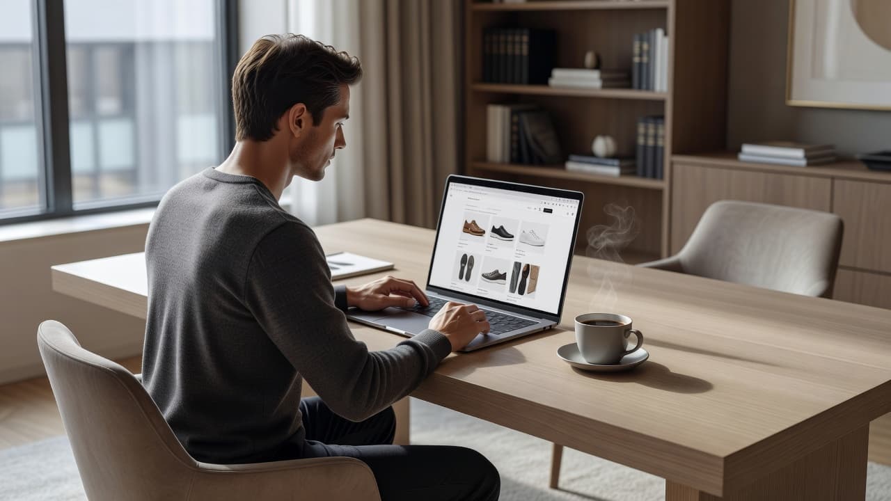 A person sits at a sleek desk using a laptop to browse crocs collections online. A steaming ceramic coffee mug rests nearby on the minimalist surface, creating a focused, professional workspace environment.