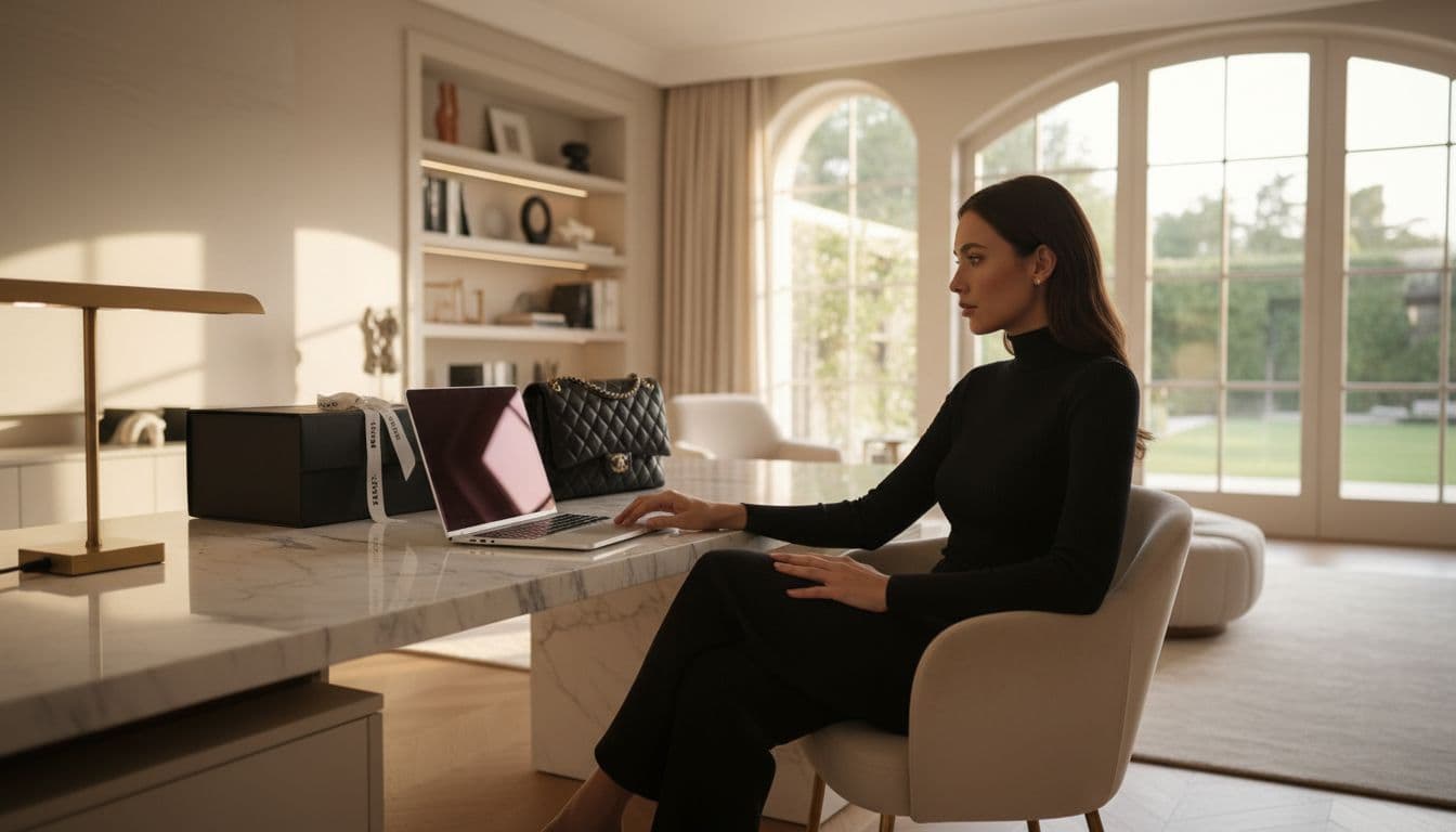 A person browses a luxury retail website on a laptop in a modern, elegant home office.