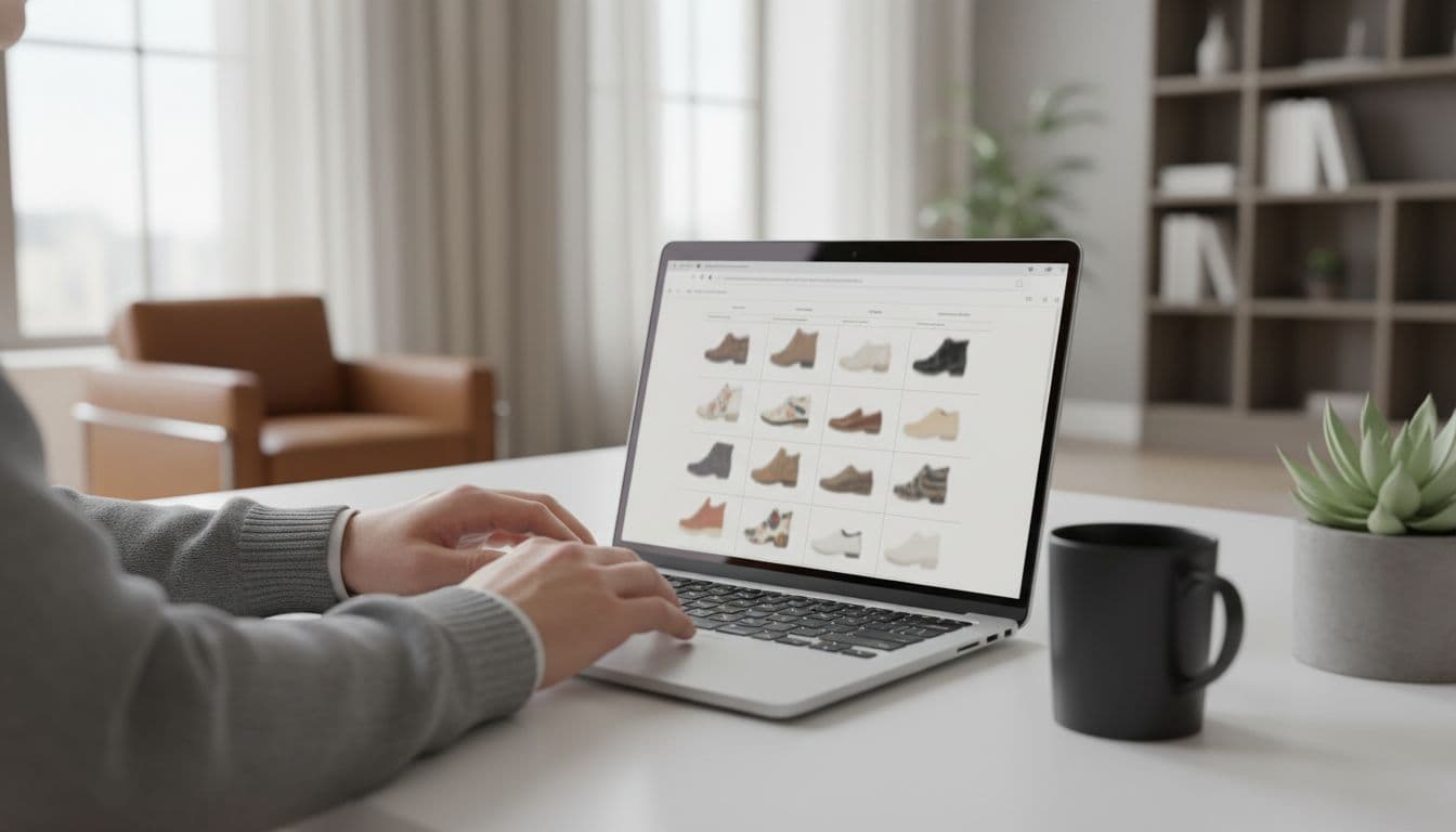A person uses a laptop at a minimalist desk to compare footwear options.
