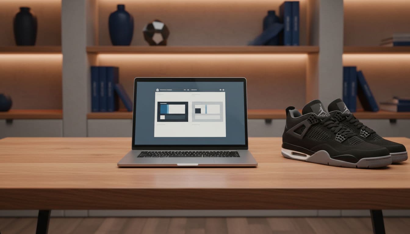 A high-end laptop sits on a polished wooden desk, displaying a product comparison interface. Beside the computer, a pair of pristine Jordan 4 sneakers rests under soft, warm ambient studio lighting.