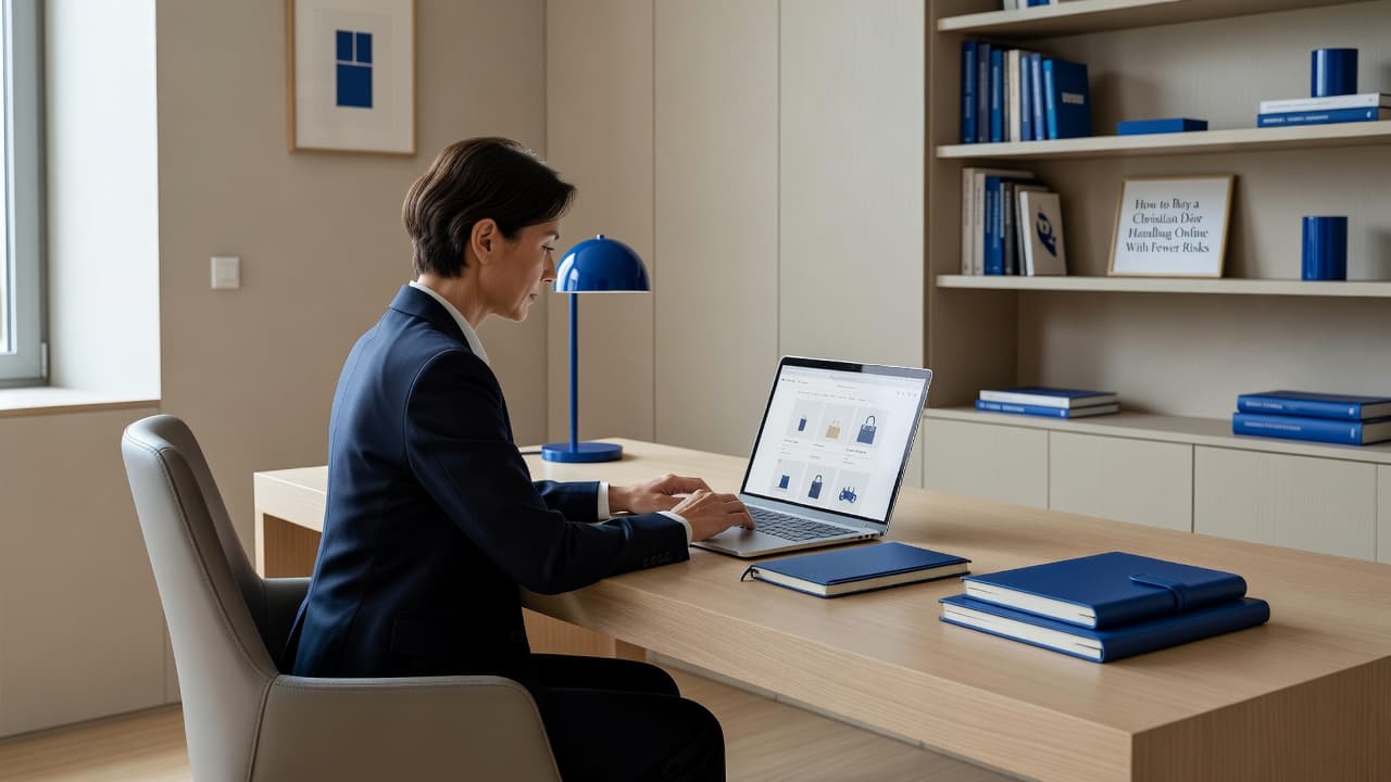 A person using a laptop at a modern desk to shop for designer items online.