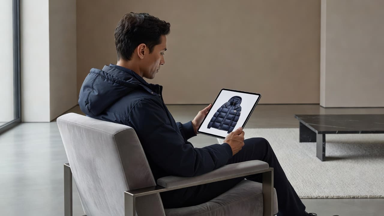 A person viewed from the side holds a sleek tablet within a sunlit minimalist living room. They study luxury fashion selections on the high-end display while resting in a neutral environment.