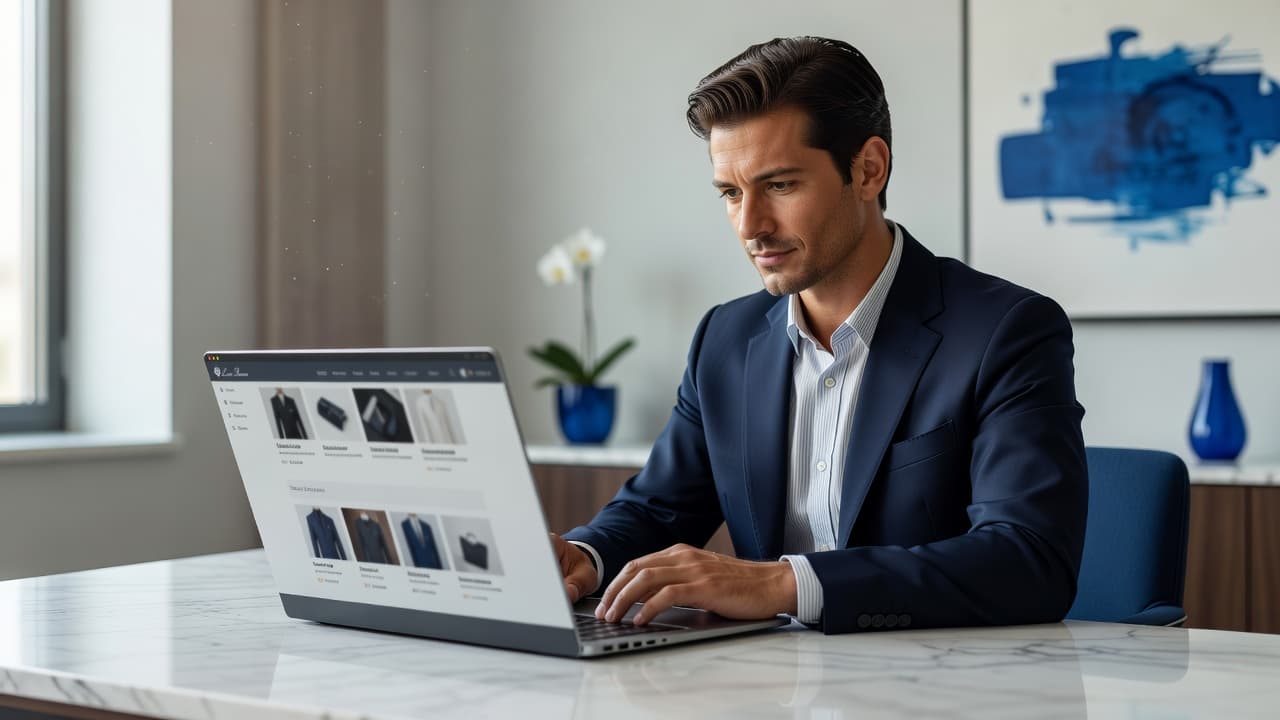 Loro Piana Review: Materials, Value and First Buys 3 A person analyzes a high-end clothing website on a slim laptop while sitting at a polished marble desk. Soft window light illuminates the blue-accented office, highlighting a focused, professional workspace environment.