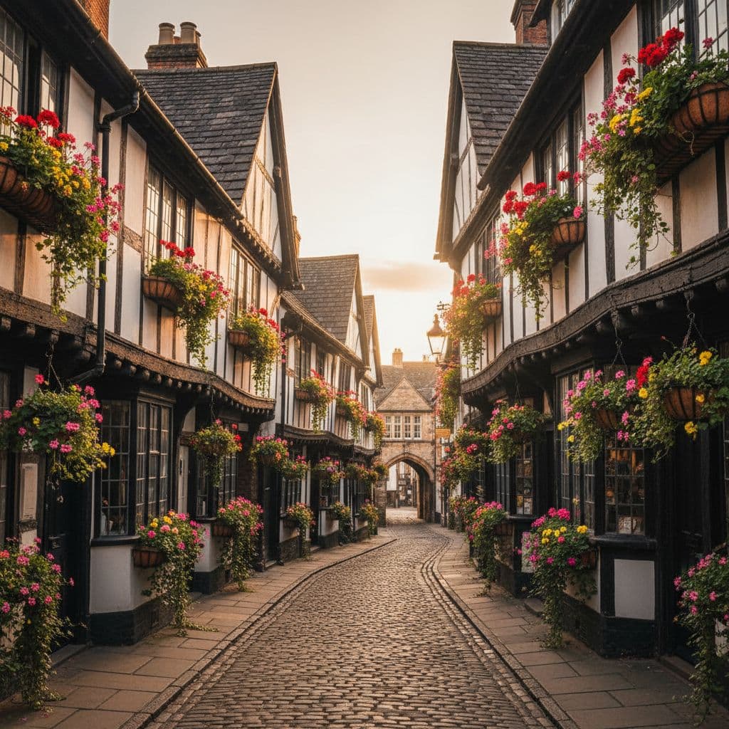 A narrow cobblestone street lined with traditional black-and-white timber-framed buildings and blooming flower boxes.