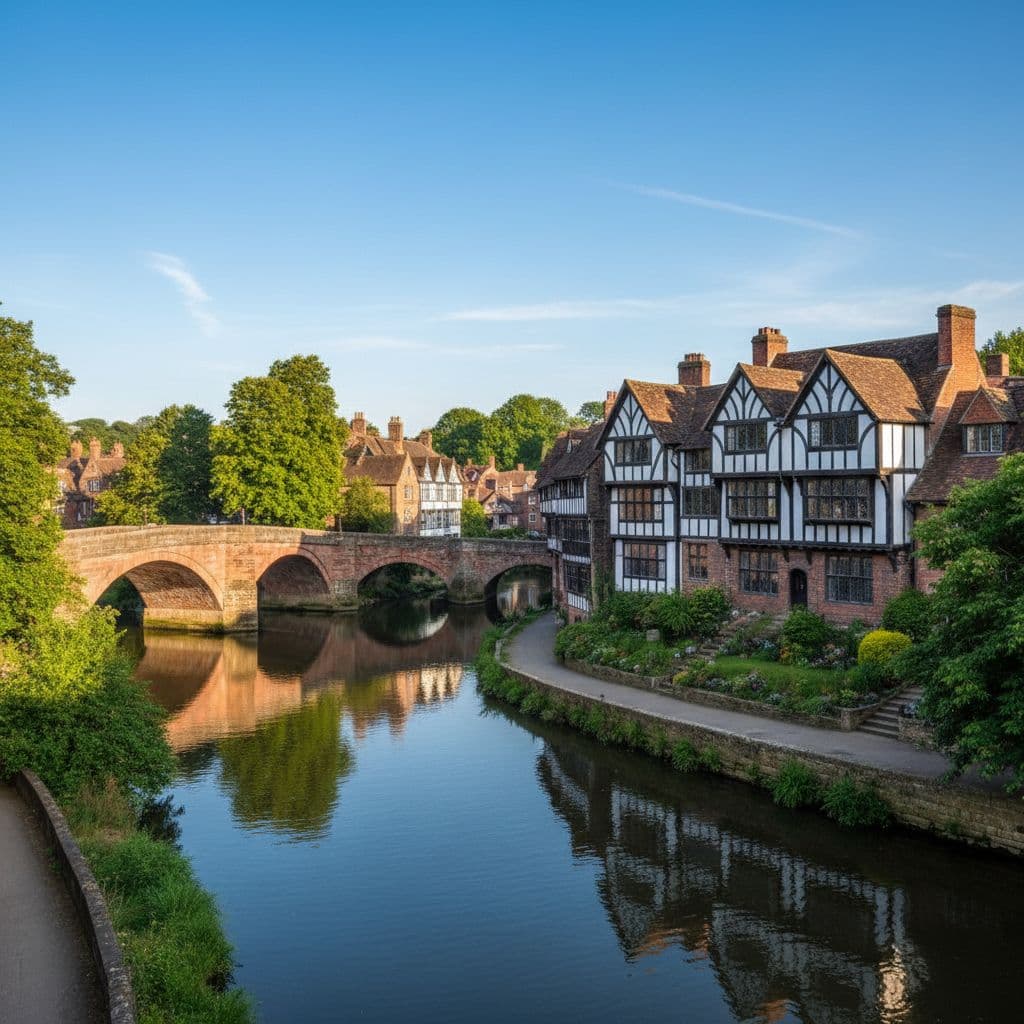 The River Severn flows past ancient stone bridges and traditional timber-framed buildings under a sunny sky.