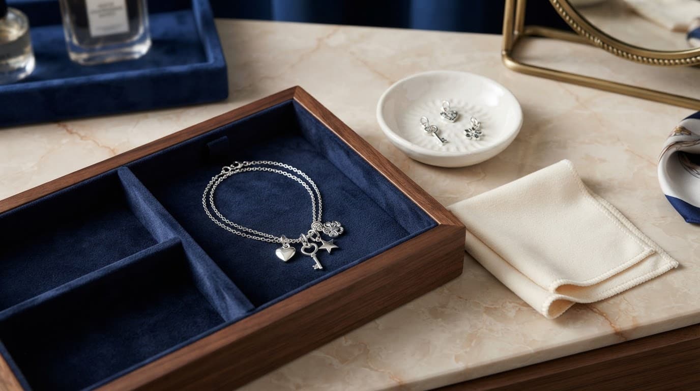 Silver charm necklace stored in a velvet jewelry box beside a polishing cloth and charm dish.
