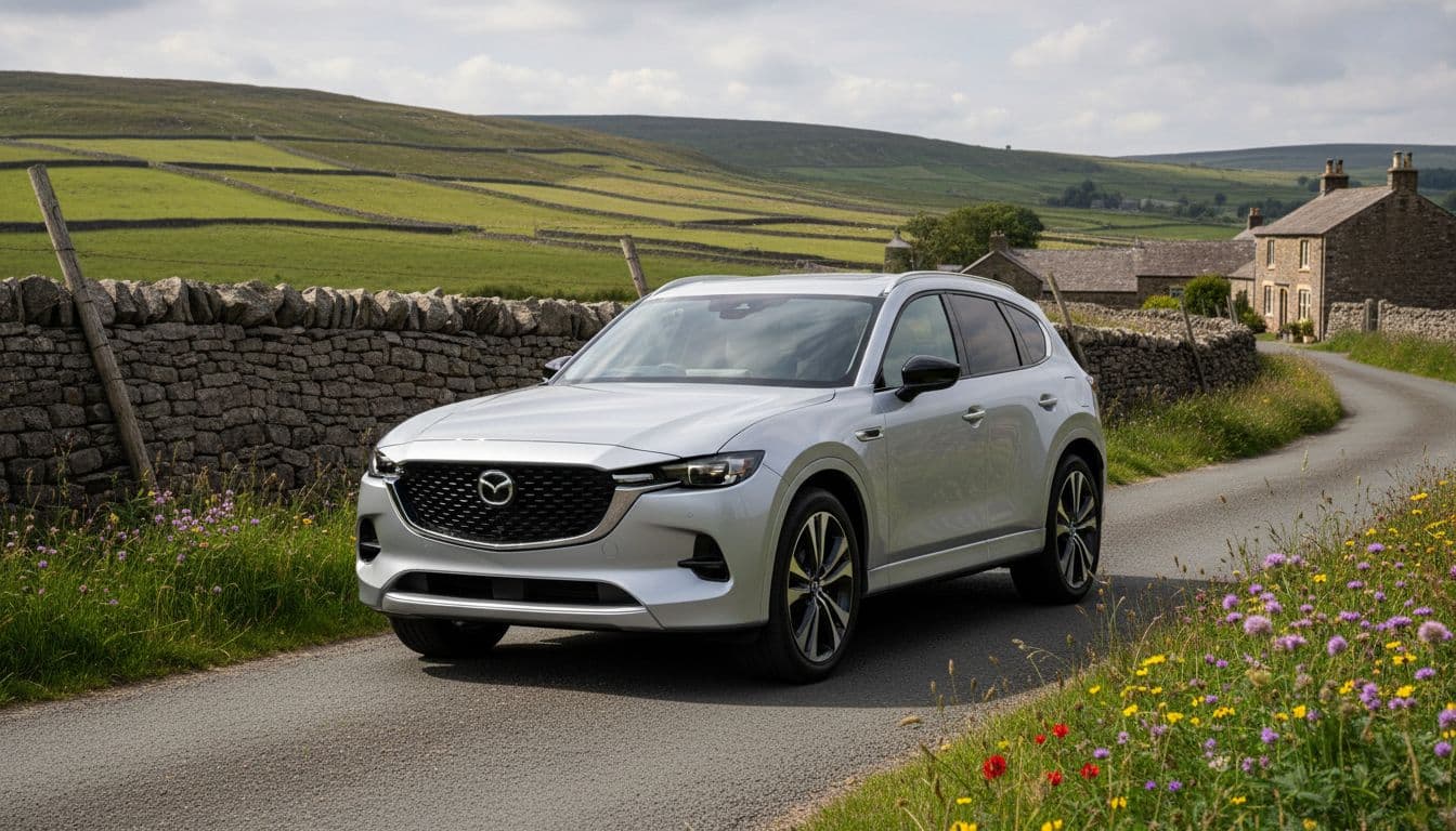 A sleek metallic silver Mazda CX-60 SUV drives along a typical UK country road with rolling green hills, dry stone walls, wildflowers, and distant farmhouses under a partly cloudy sky.