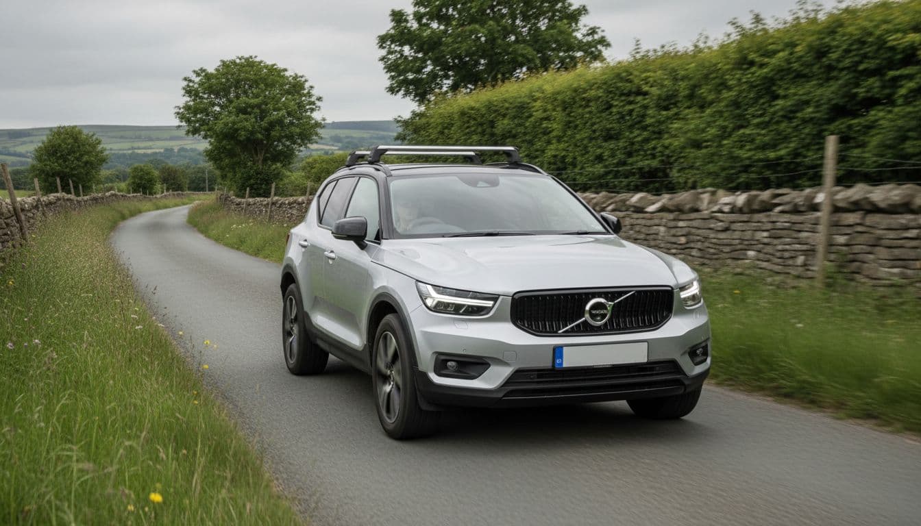 A sleek silver used Volvo XC40 small SUV drives along a quiet UK country road lined with green hedges and stone walls, capturing motion with alloy wheels and roof rails in natural daylight under an overcast sky.