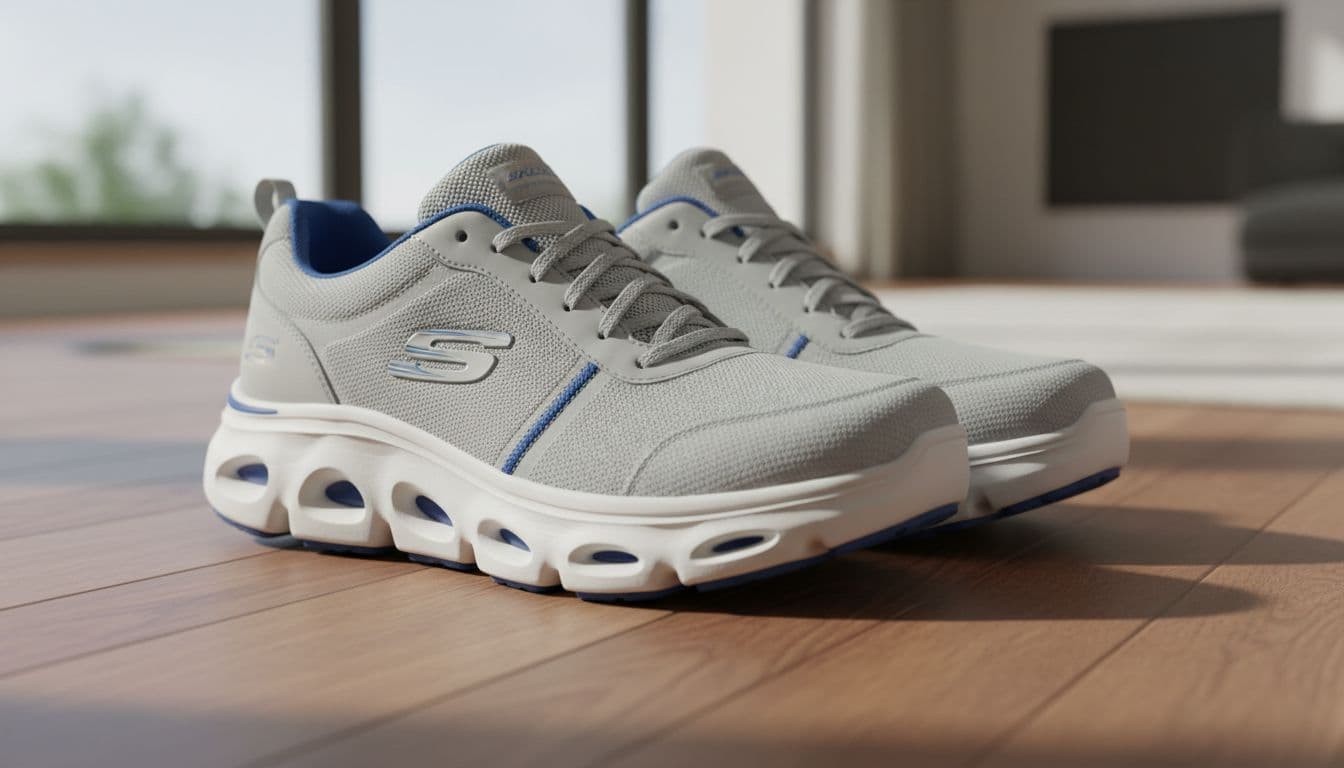 Pair of Skechers walking shoes with thick cushioned soles on polished wooden floor in modern luxury home.