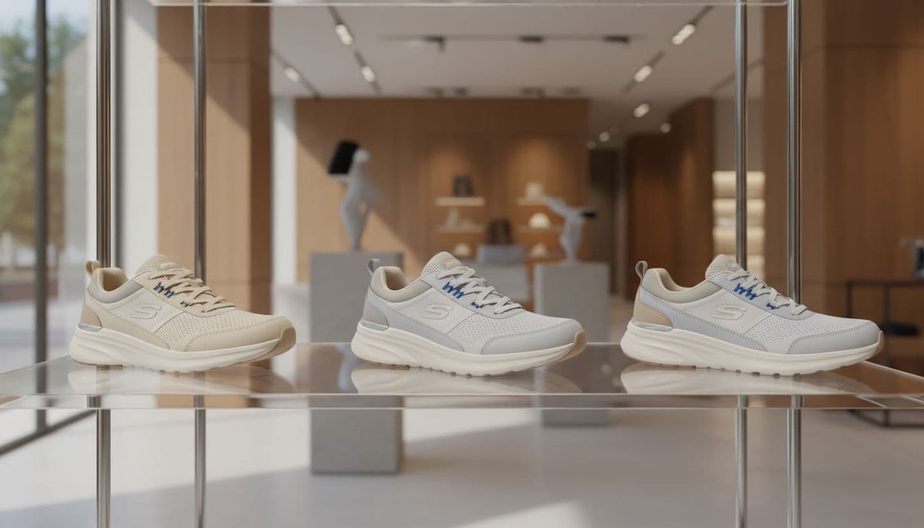 Three pairs of neutral Skechers everyday trainers with blue lace accents arranged on a sleek glass shelf in modern retail space.